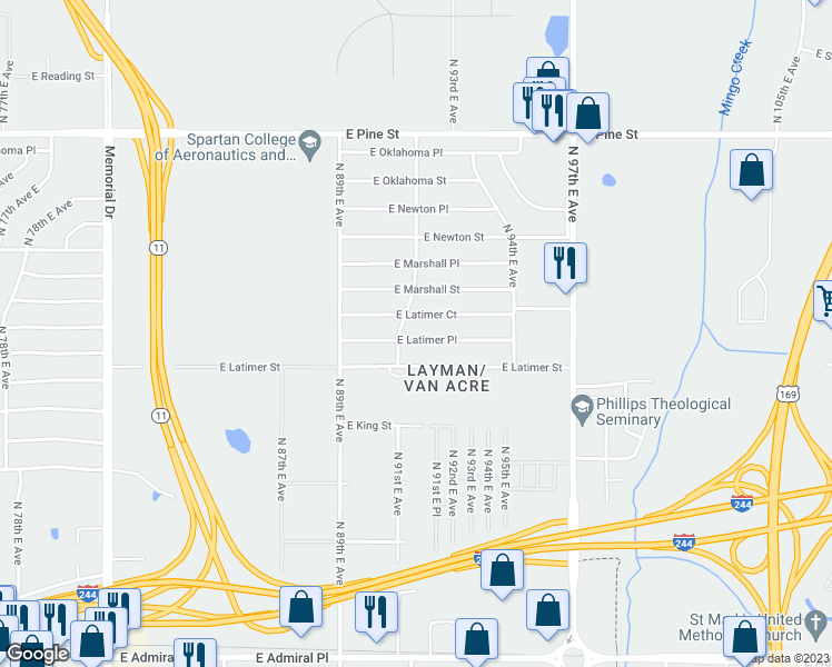 map of restaurants, bars, coffee shops, grocery stores, and more near 9115 East Latimer Place in Tulsa