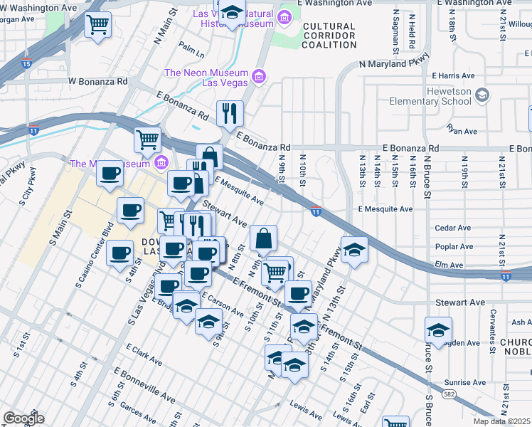map of restaurants, bars, coffee shops, grocery stores, and more near 321 North 8th Street in Las Vegas