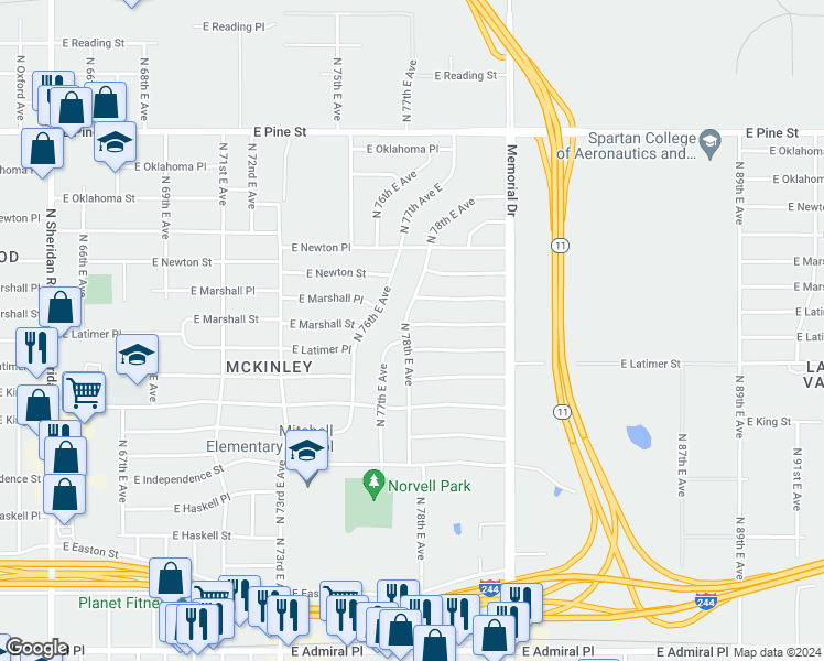 map of restaurants, bars, coffee shops, grocery stores, and more near 1069 North 78th East Avenue in Tulsa