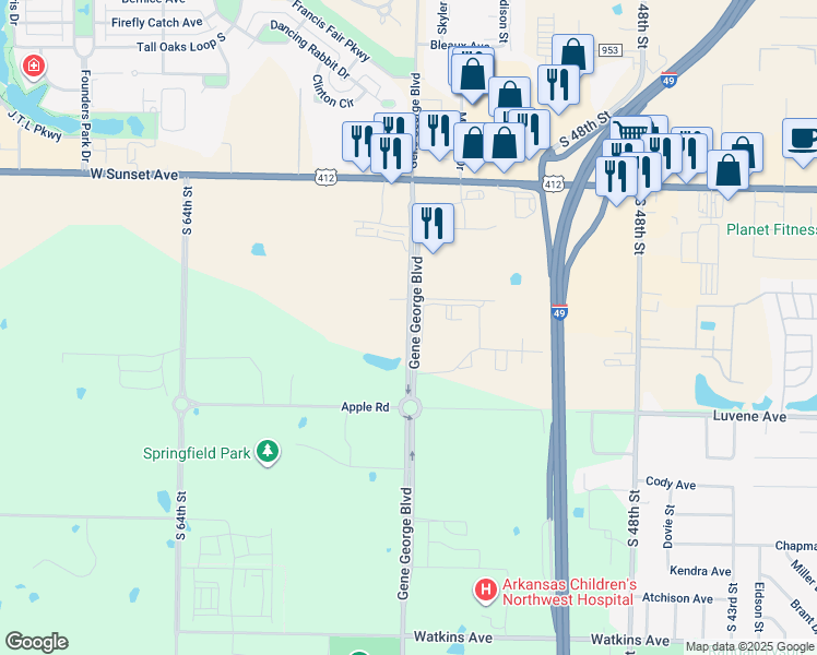 map of restaurants, bars, coffee shops, grocery stores, and more near 1745 South Gene George Boulevard in Springdale