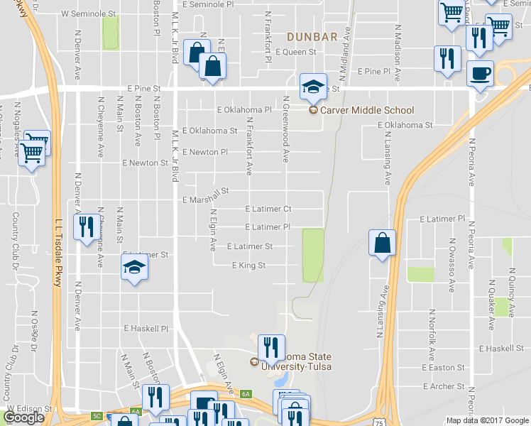 map of restaurants, bars, coffee shops, grocery stores, and more near 520 East Latimer Court in Tulsa