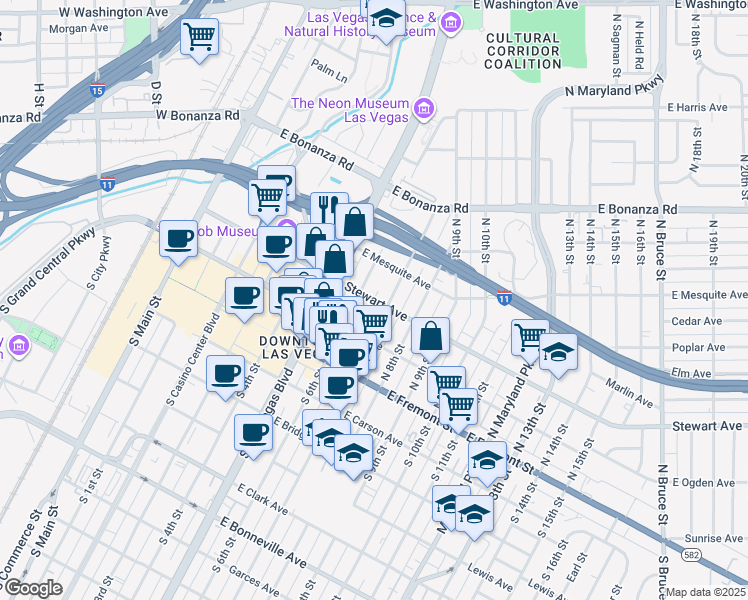 map of restaurants, bars, coffee shops, grocery stores, and more near 653 Stewart Avenue in Las Vegas