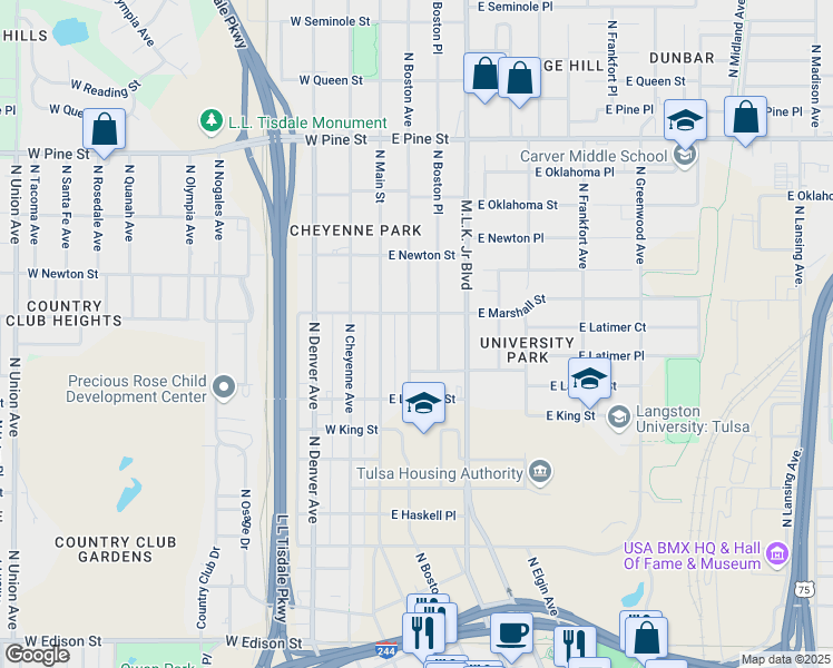 map of restaurants, bars, coffee shops, grocery stores, and more near 1159 North Boston Avenue in Tulsa