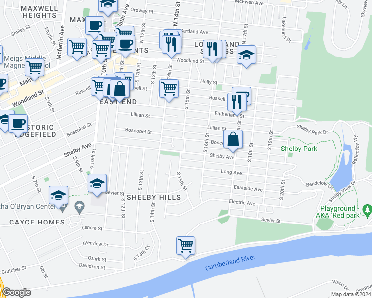 map of restaurants, bars, coffee shops, grocery stores, and more near 1501 Shelby Avenue in Nashville