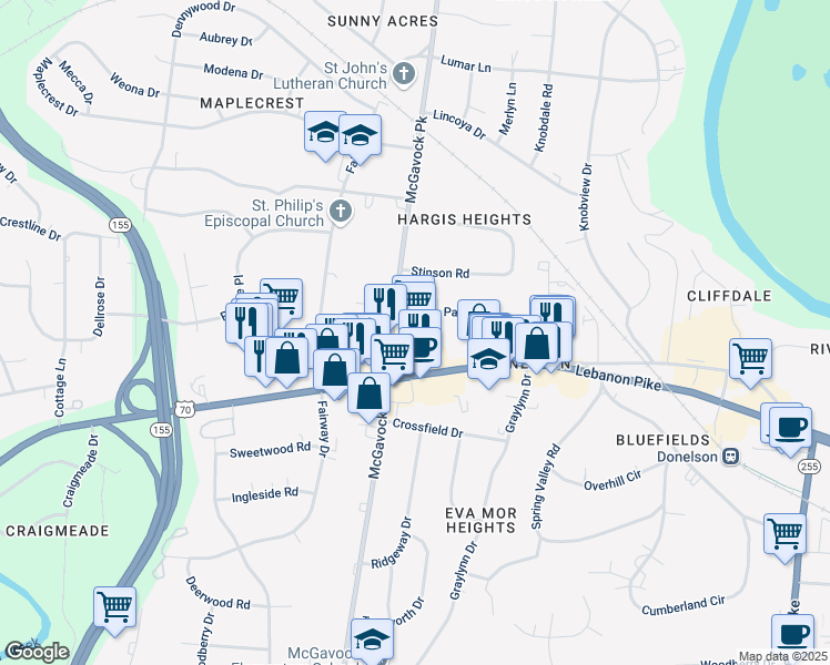 map of restaurants, bars, coffee shops, grocery stores, and more near 143 McGavock Pike in Nashville
