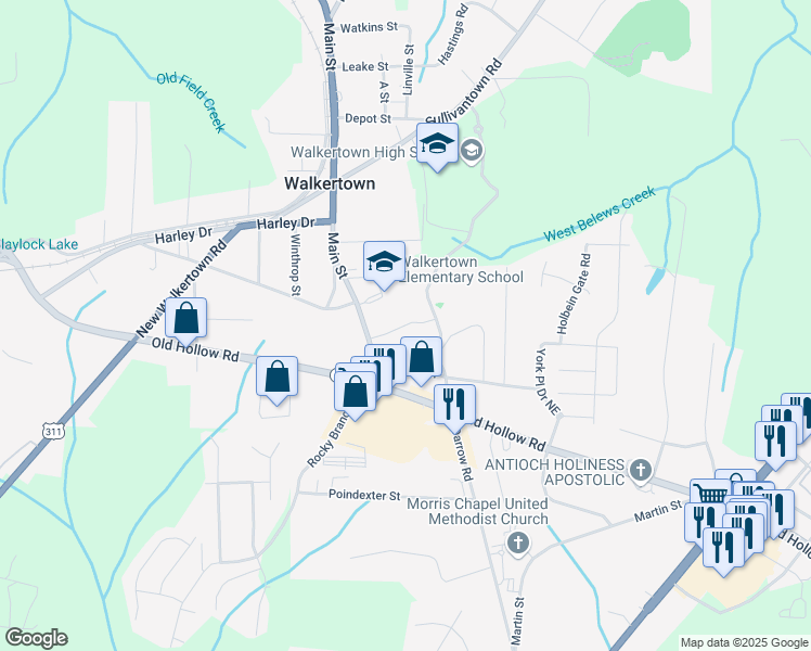 map of restaurants, bars, coffee shops, grocery stores, and more near 2971 Main Street in Walkertown