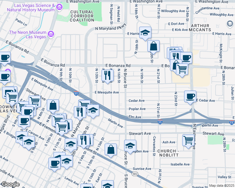 map of restaurants, bars, coffee shops, grocery stores, and more near 397 North 16th Street in Las Vegas