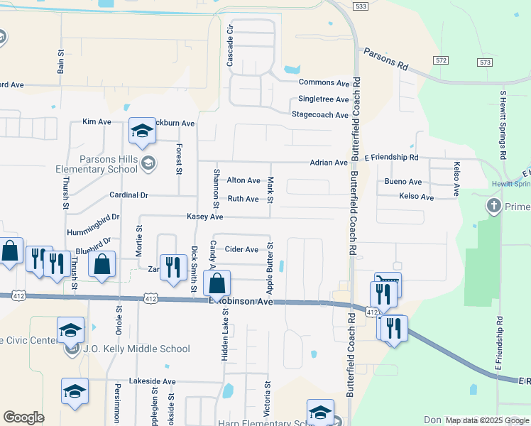 map of restaurants, bars, coffee shops, grocery stores, and more near 1572 Mark Street in Springdale