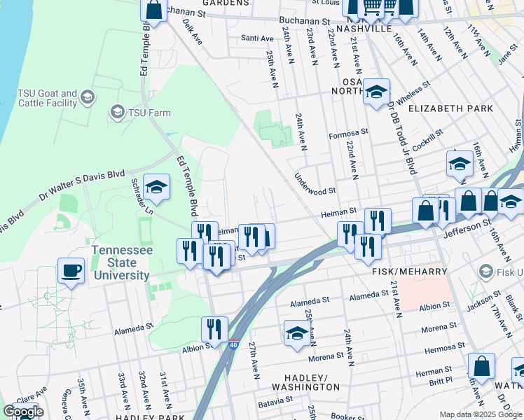 map of restaurants, bars, coffee shops, grocery stores, and more near 1208 26th Avenue North in Nashville
