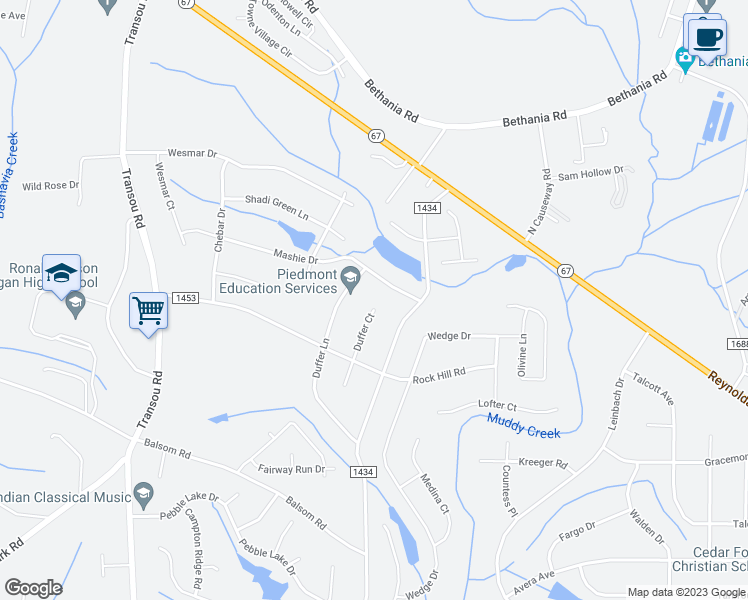 map of restaurants, bars, coffee shops, grocery stores, and more near 4680 Duffer Court in Pfafftown