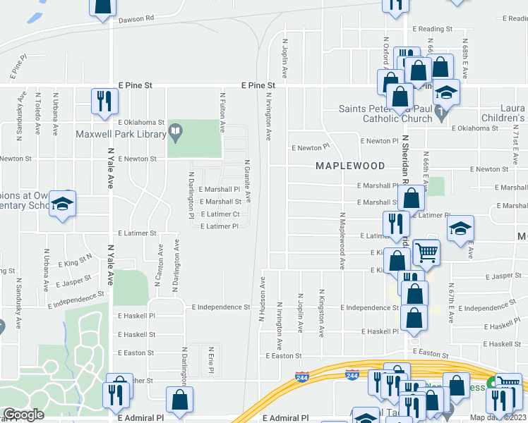 map of restaurants, bars, coffee shops, grocery stores, and more near 1042 North Irvington Avenue in Tulsa
