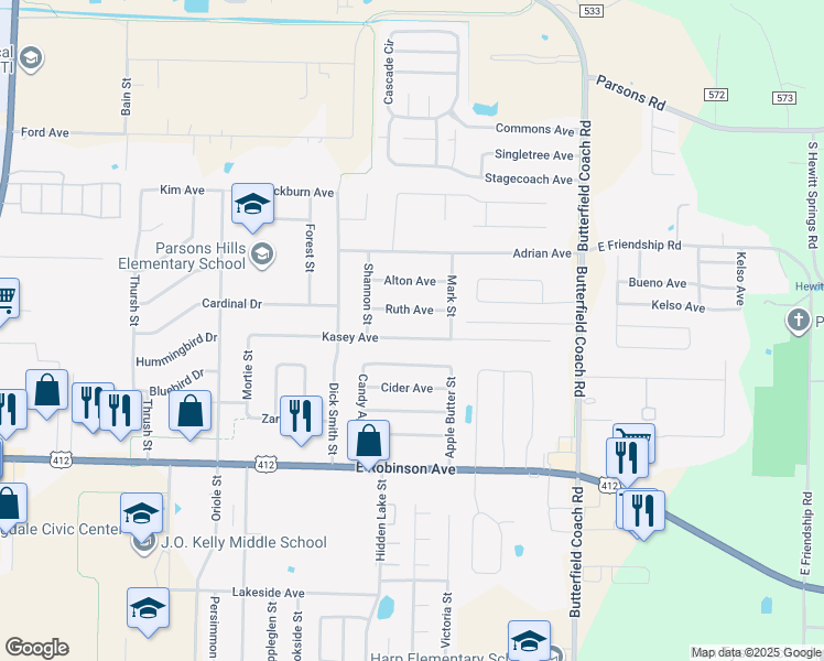 map of restaurants, bars, coffee shops, grocery stores, and more near 2736 Kasey Avenue in Springdale