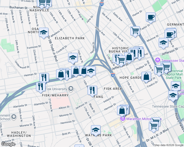 map of restaurants, bars, coffee shops, grocery stores, and more near 1404 Jefferson Street in Nashville