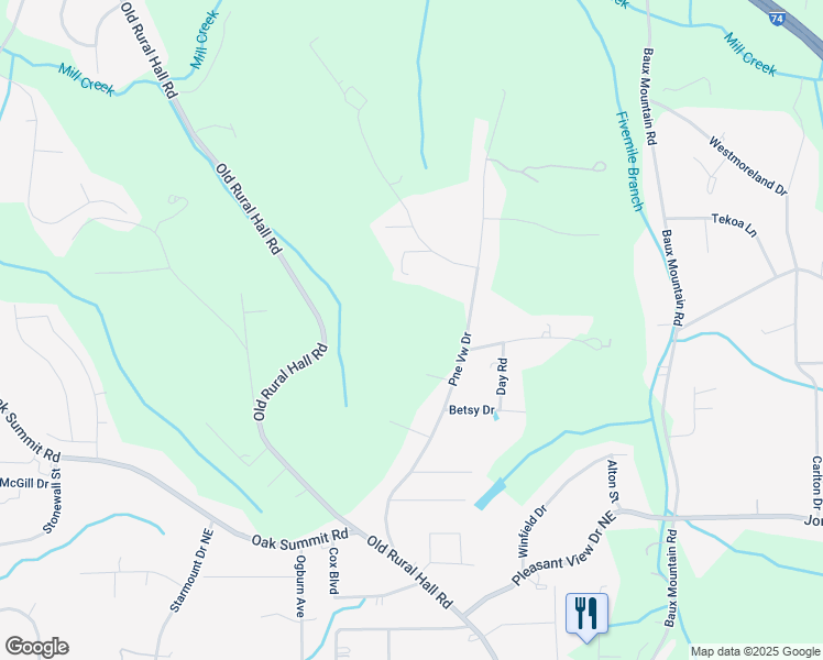 map of restaurants, bars, coffee shops, grocery stores, and more near 5535 Old Rural Hall Road in Winston-Salem