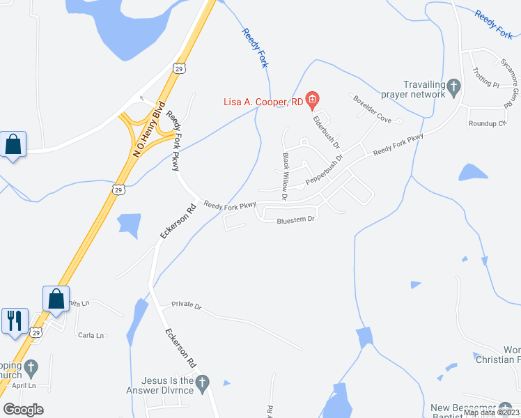 map of restaurants, bars, coffee shops, grocery stores, and more near 3803 Bluestem Drive in Greensboro