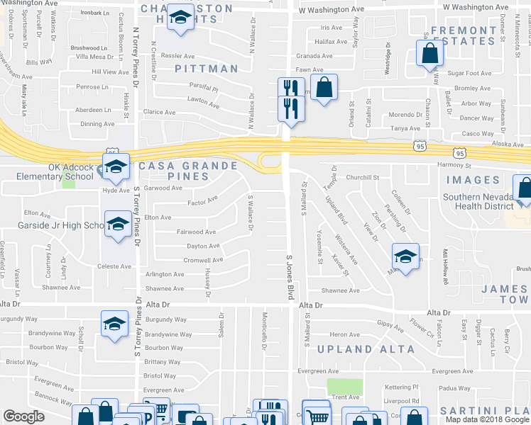 map of restaurants, bars, coffee shops, grocery stores, and more near 6121 Fairwood Circle in Las Vegas
