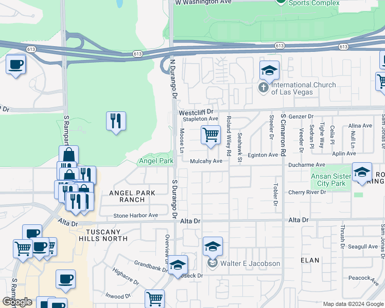 map of restaurants, bars, coffee shops, grocery stores, and more near 8433 Lomack Court in Las Vegas