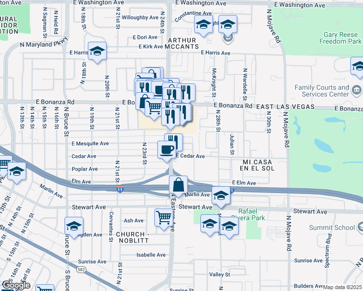 map of restaurants, bars, coffee shops, grocery stores, and more near 2608 East Mesquite Avenue in Las Vegas