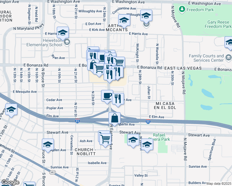 map of restaurants, bars, coffee shops, grocery stores, and more near 2608 East Mesquite Avenue in Las Vegas