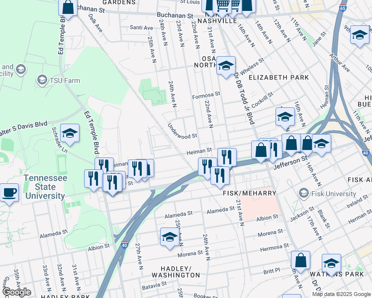 map of restaurants, bars, coffee shops, grocery stores, and more near 2300 Heiman Street in Nashville