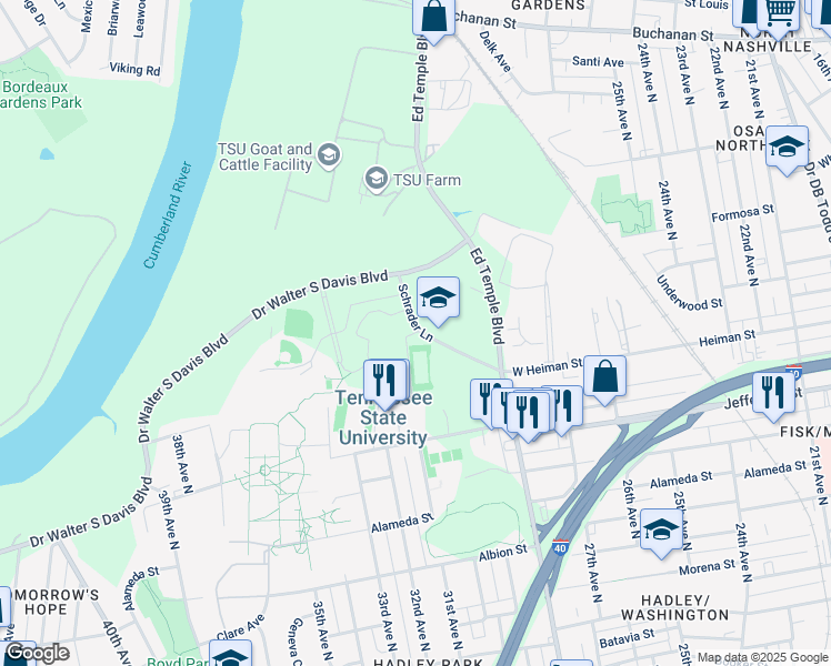 map of restaurants, bars, coffee shops, grocery stores, and more near 1371-1399 Schrader Lane in Nashville