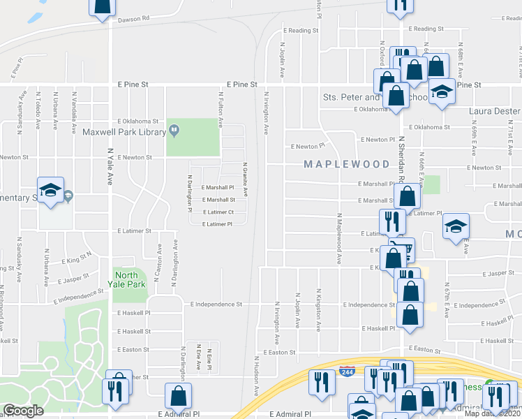 map of restaurants, bars, coffee shops, grocery stores, and more near 1042 North Irvington Avenue in Tulsa