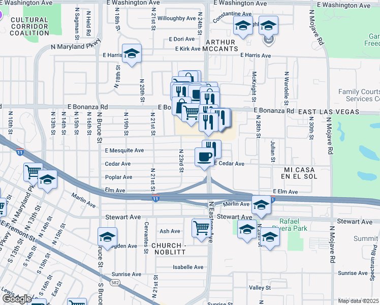 map of restaurants, bars, coffee shops, grocery stores, and more near 2312 East Mesquite Avenue in Las Vegas