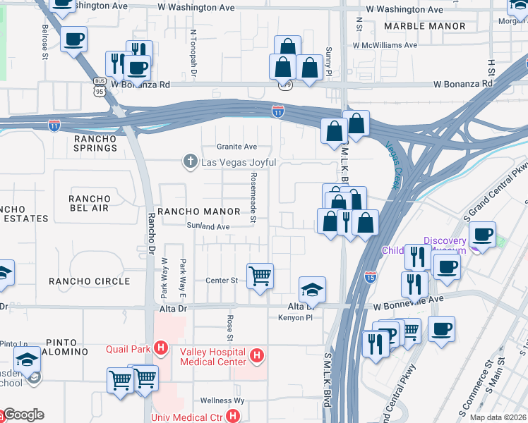 map of restaurants, bars, coffee shops, grocery stores, and more near 216 Shadow Lane in Las Vegas