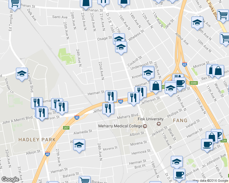 map of restaurants, bars, coffee shops, grocery stores, and more near 21st Avenue North in Nashville