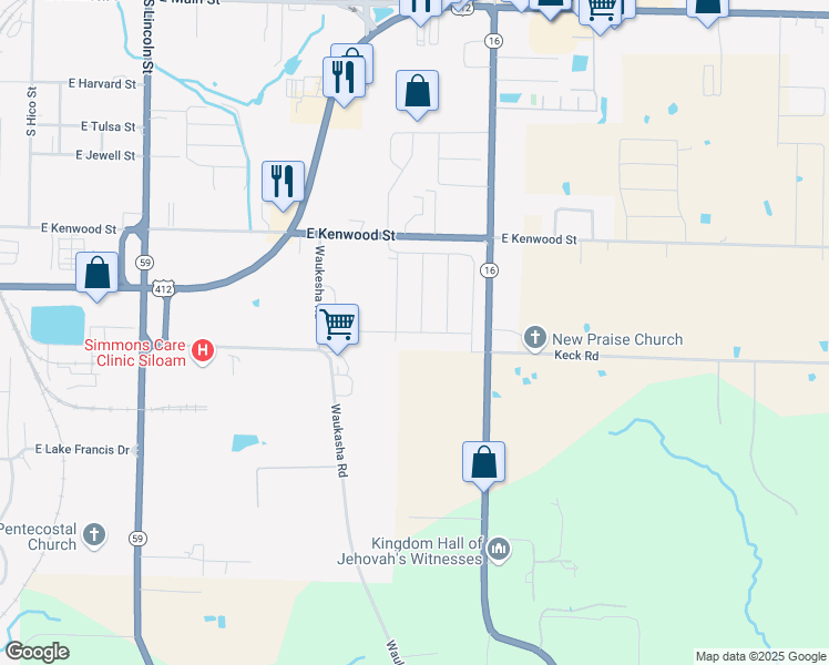 map of restaurants, bars, coffee shops, grocery stores, and more near East Fennec Street in Siloam Springs