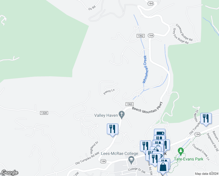 map of restaurants, bars, coffee shops, grocery stores, and more near 398 Penny Lane in Banner Elk