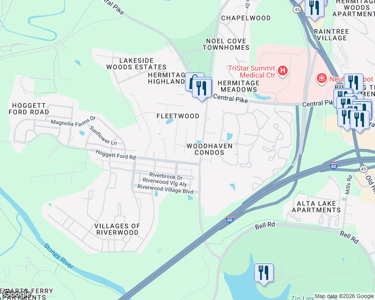 map of restaurants, bars, coffee shops, grocery stores, and more near 2820 Chapelwood Drive in Nashville