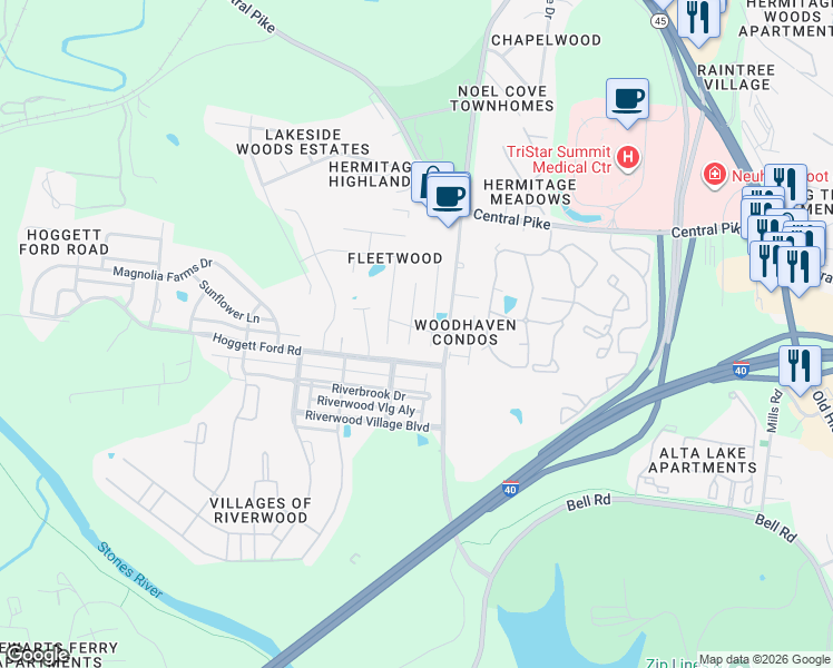 map of restaurants, bars, coffee shops, grocery stores, and more near 2820 Chapelwood Drive in Nashville
