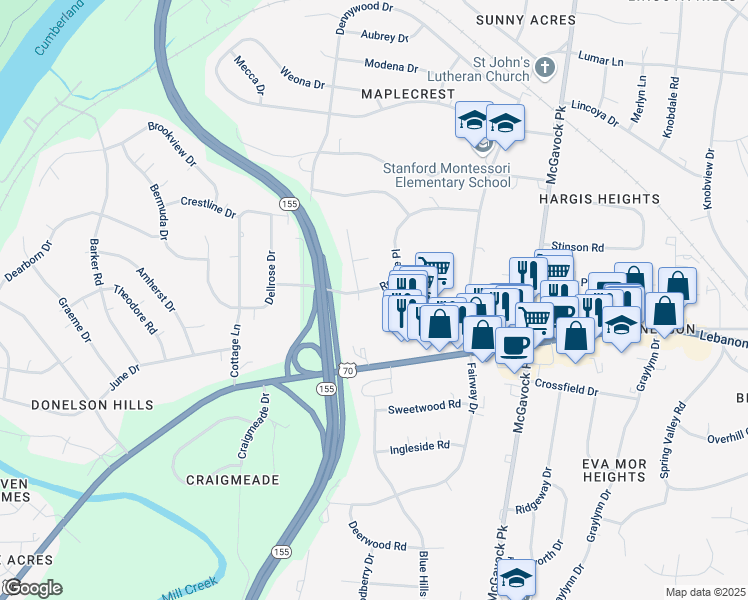 map of restaurants, bars, coffee shops, grocery stores, and more near 2317 Revere Place in Nashville