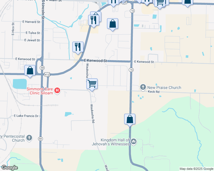 map of restaurants, bars, coffee shops, grocery stores, and more near East Fennec Street in Siloam Springs