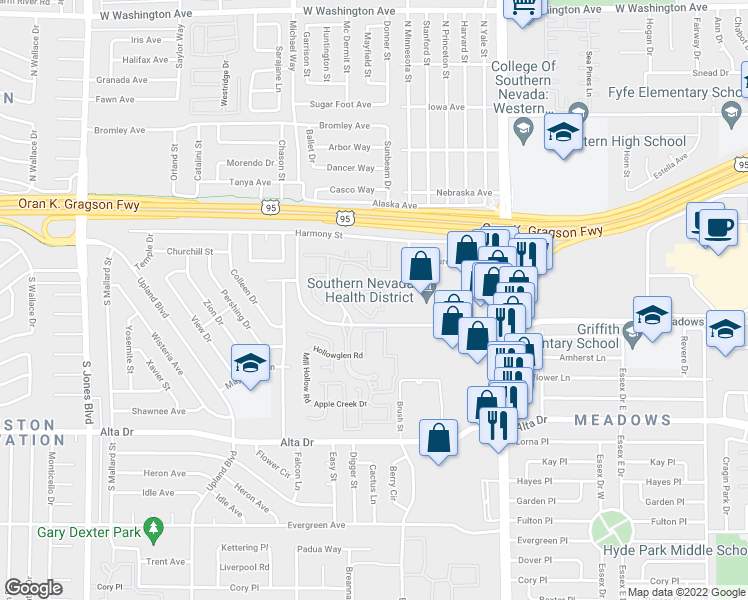 map of restaurants, bars, coffee shops, grocery stores, and more near 220 Mission Newport Lane in Las Vegas