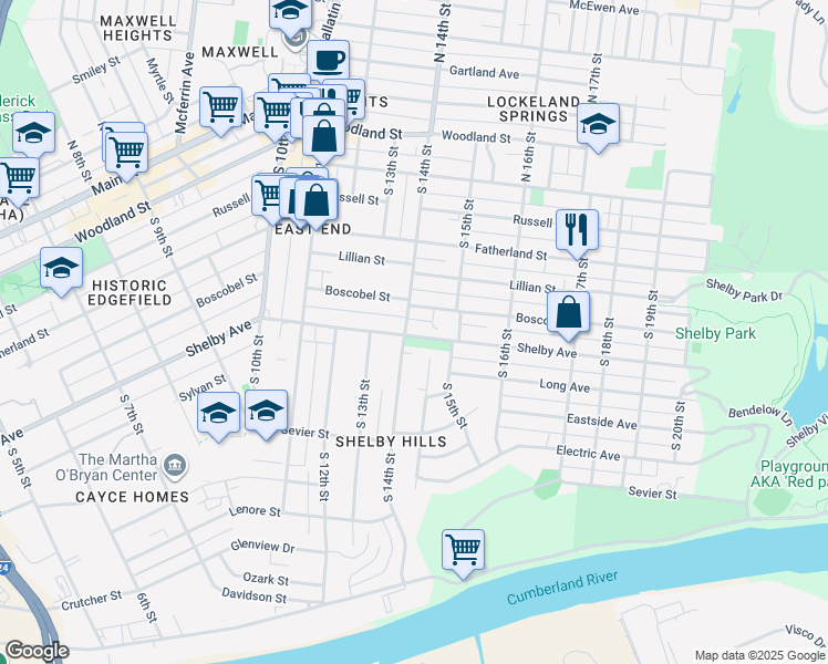 map of restaurants, bars, coffee shops, grocery stores, and more near 411 South 14th Street in Nashville