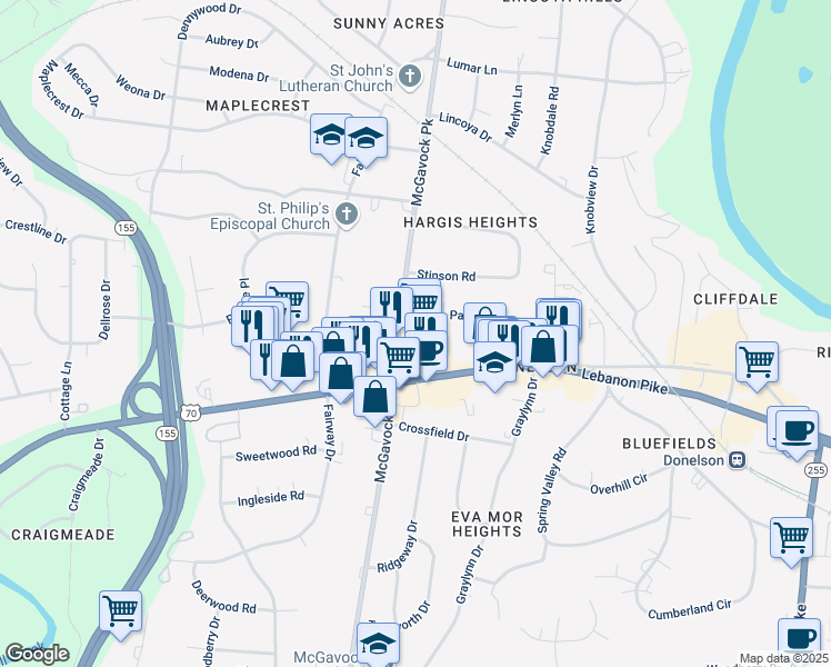 map of restaurants, bars, coffee shops, grocery stores, and more near 143 McGavock Pike in Nashville