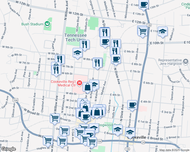 map of restaurants, bars, coffee shops, grocery stores, and more near 617 North Peachtree Avenue in Cookeville