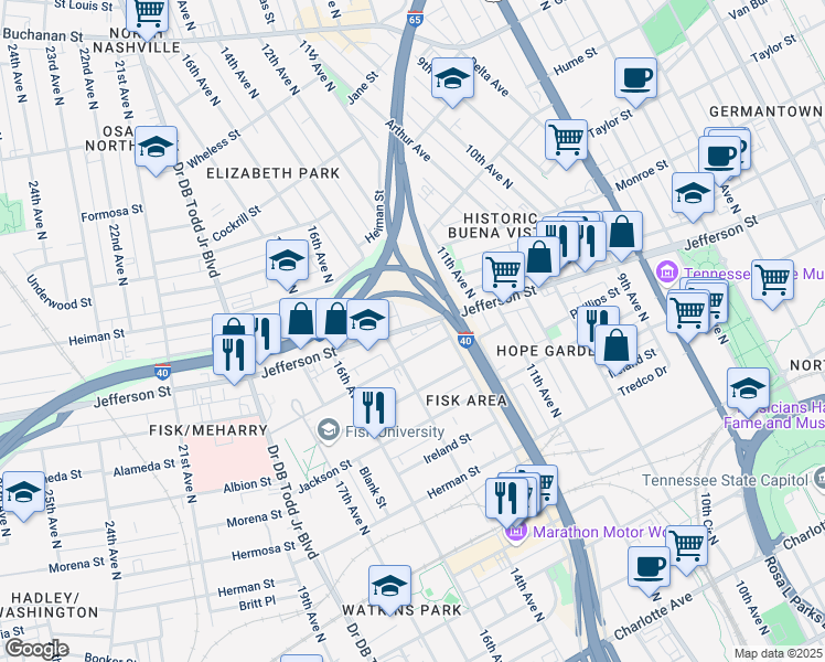 map of restaurants, bars, coffee shops, grocery stores, and more near 1213 Jefferson Street in Nashville