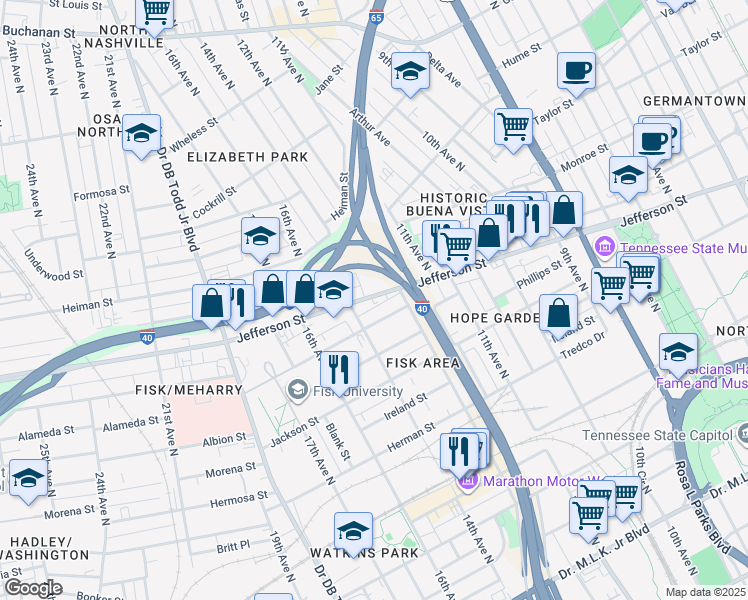 map of restaurants, bars, coffee shops, grocery stores, and more near 1213 Jefferson Street in Nashville