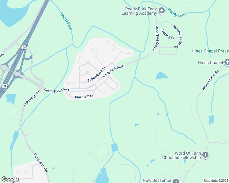 map of restaurants, bars, coffee shops, grocery stores, and more near 5936 Bluestem Circle in Greensboro