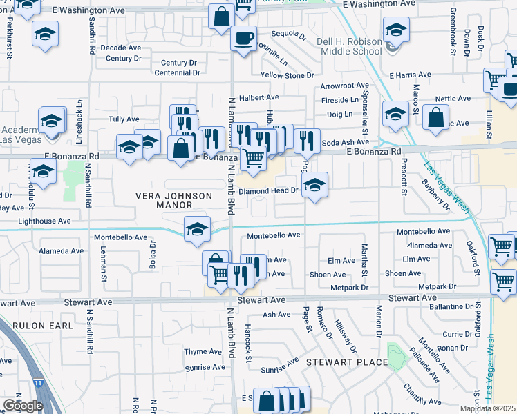 map of restaurants, bars, coffee shops, grocery stores, and more near 4445 Diamond Head Drive in Las Vegas