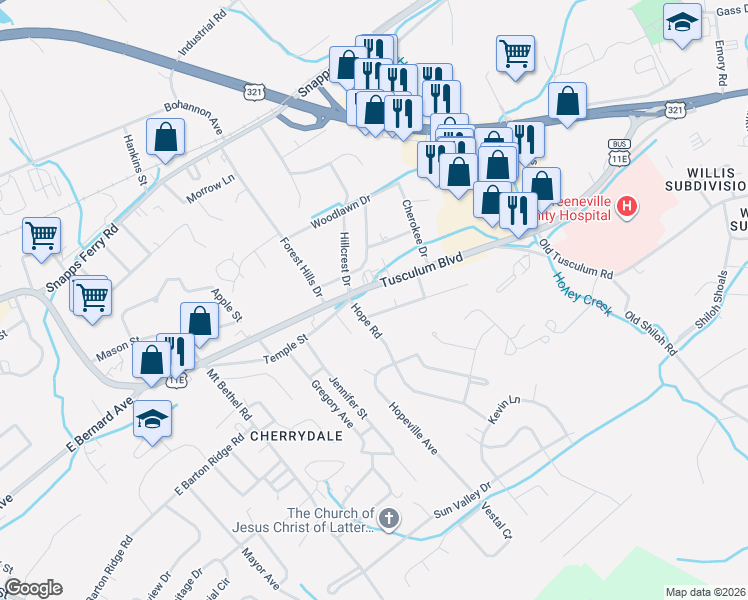 map of restaurants, bars, coffee shops, grocery stores, and more near 1202 Tusculum Blvd in Greeneville