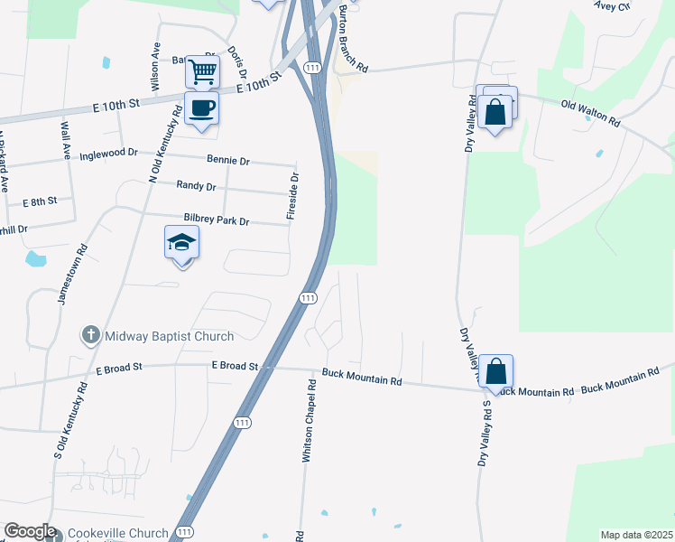 map of restaurants, bars, coffee shops, grocery stores, and more near 130 Eastgate Circle in Cookeville