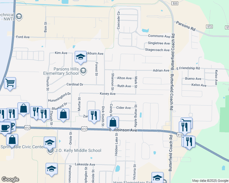 map of restaurants, bars, coffee shops, grocery stores, and more near 1571 Shannon Street in Springdale
