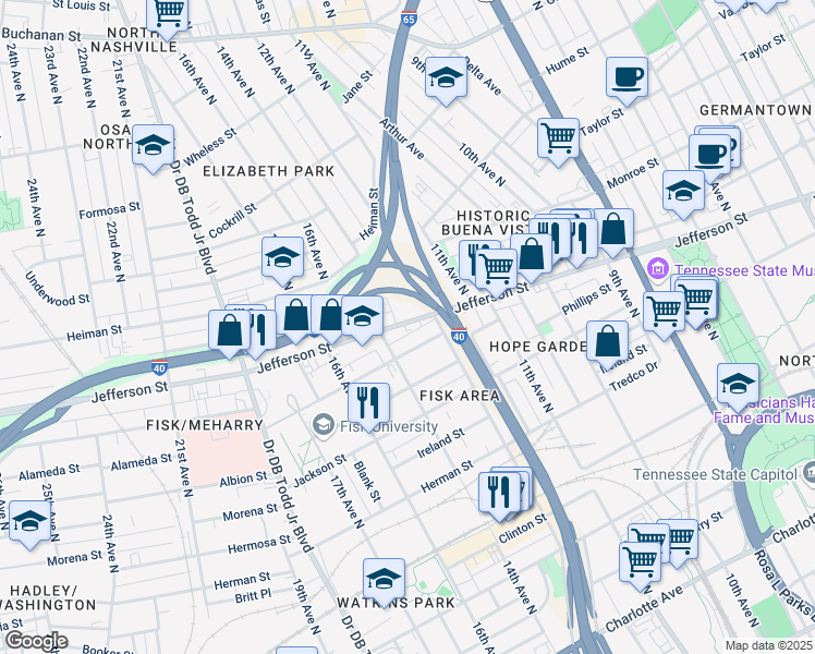 map of restaurants, bars, coffee shops, grocery stores, and more near 1213 Jefferson Street in Nashville