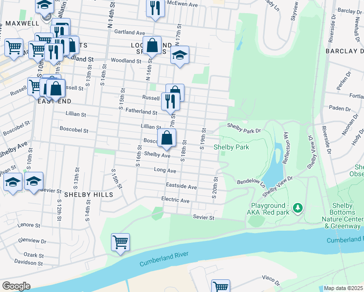 map of restaurants, bars, coffee shops, grocery stores, and more near 1710 Boscobel Street in Nashville