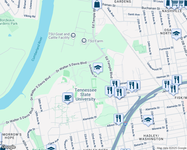 map of restaurants, bars, coffee shops, grocery stores, and more near 1371 Schrader Lane in Nashville