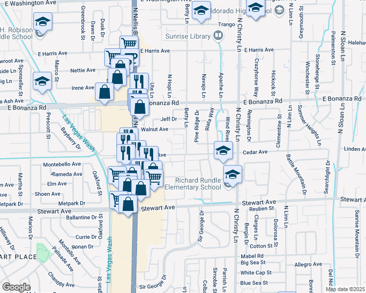 map of restaurants, bars, coffee shops, grocery stores, and more near 642 Betty Lane in Las Vegas